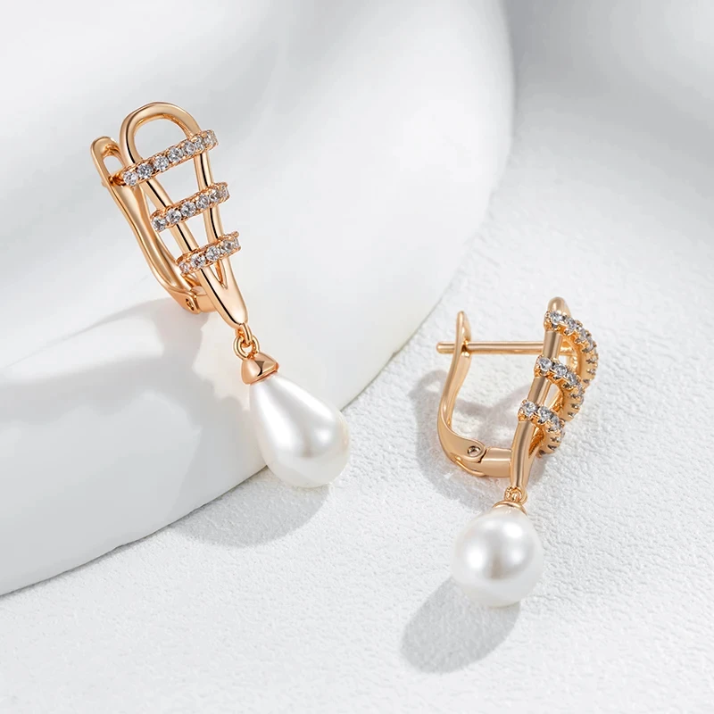 Wbmqda Water Drop Shape Pearl Earrings For Women 585 Rose Gold Color With Natural Zircon Unique Dubai Jewelry Accessories