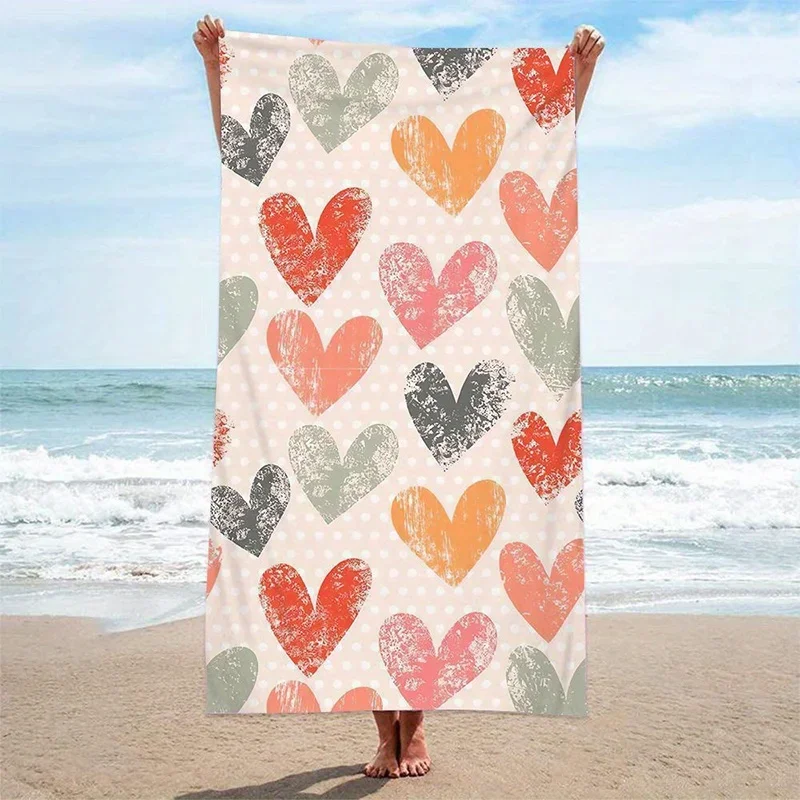 

1pc Beach Towel Heart Shape Printed Pattern Sun Protection Windproof Suitable For Swimming Pool Camping Travel Blanket