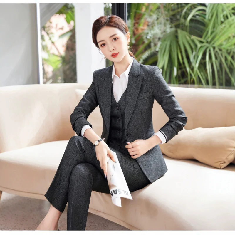 2025Spring and Autumn New Professional Wear Women's Long Sleeve Blazer Vest Set Plus Size Business Formal Workwear