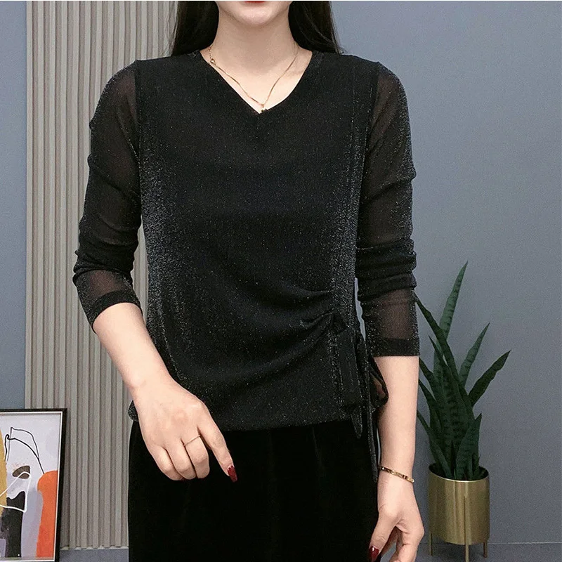 2024 New Summer Loose Casual Retro Chic Oversized Office Lady T-shirts for Women Solid Color Mixed Cotton V Neck Long Sleeve Top