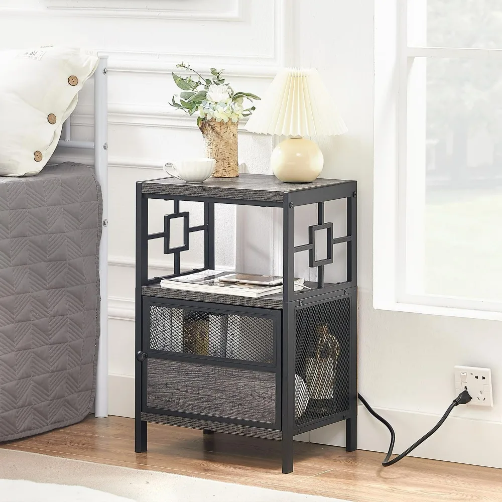 

Nightstand Charging Station, Side Table with USB Ports and Outlets, Bedside Tables with Door, 3-Tier for Small Space,Grey