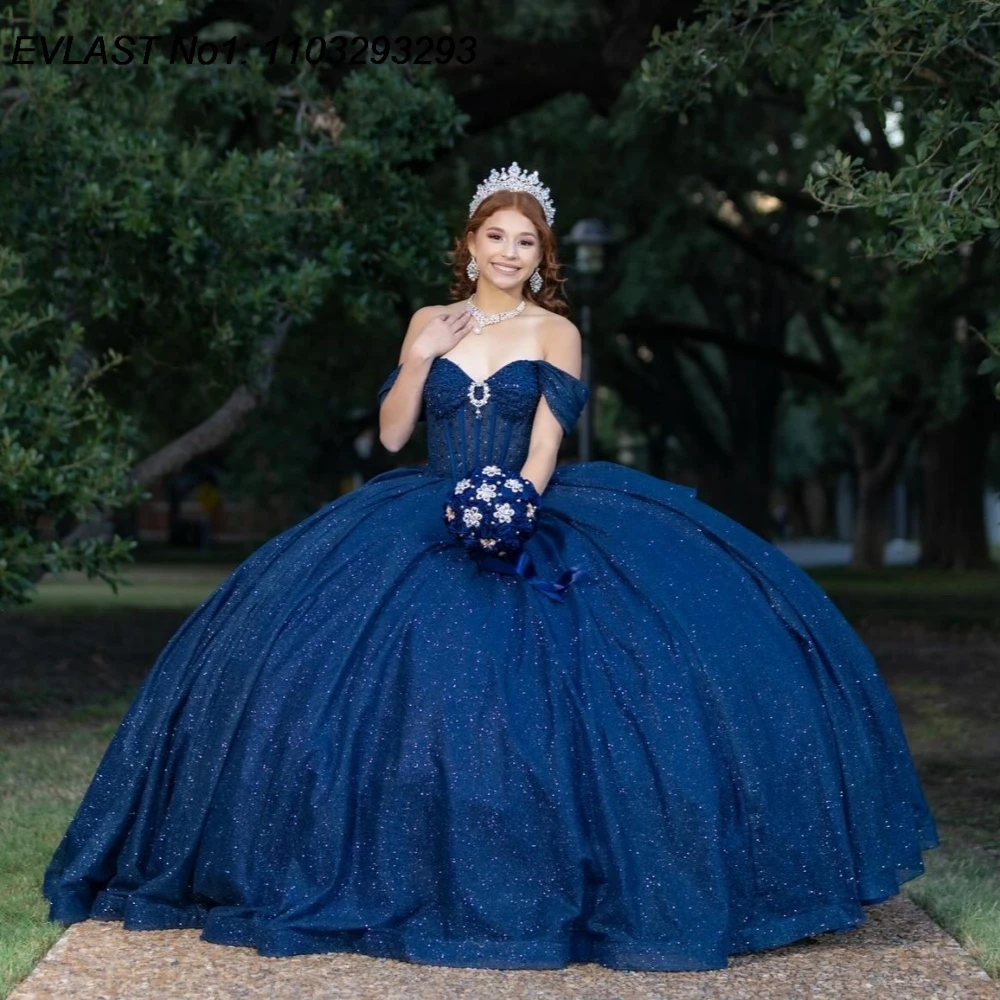 

EVLAST Customized 2025 Navy Blue Ball Gown Quinceanera Dress Shiny Applique Crystal Beaded Sweet 16 Vestidos De 15 Anos E1Q998