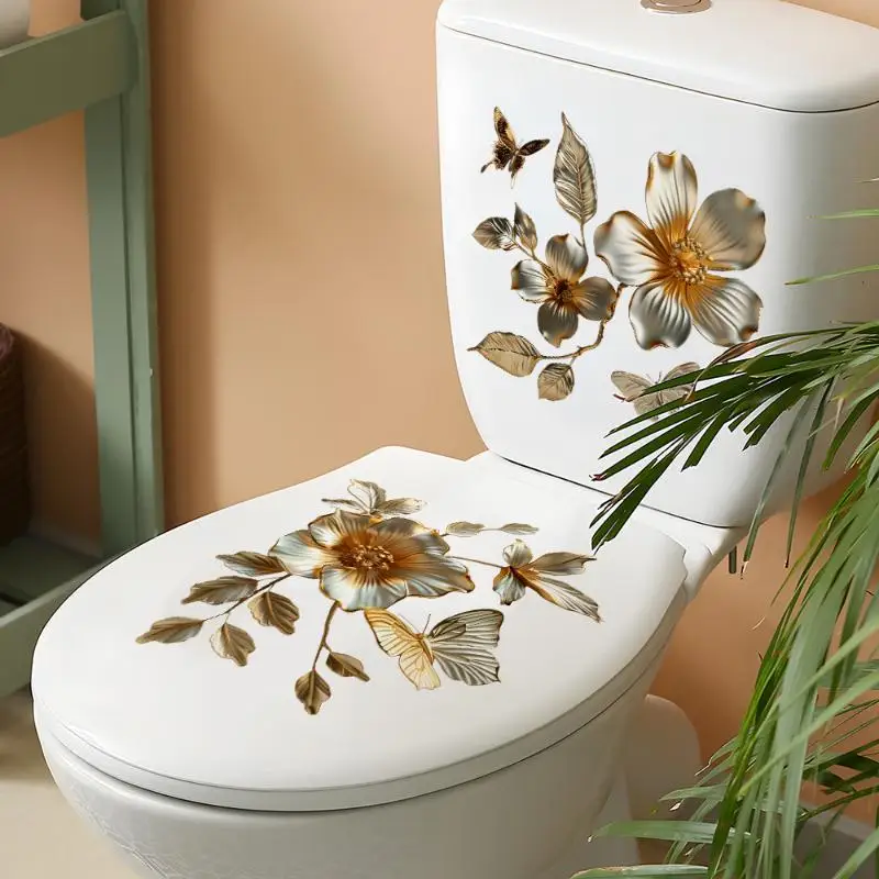 Golden Flower Butterfly Toilet Seat Decals Waterproof Self-Adhesive Creative Stickers for Rental Bathroom Upgrade