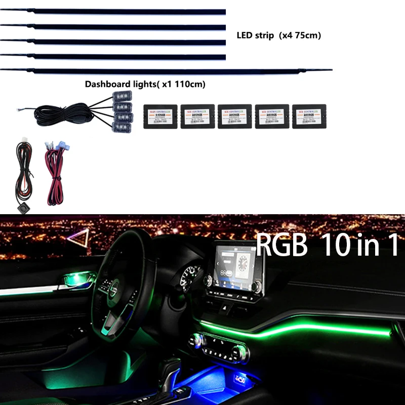 NONE LED Umgebungslicht Auto Innenbeleuchtung Streifen Neon RGB Umgebungslampe Auto Auto Dekoration Zubehör 18/10/6 in 1, 64 Farben 6
