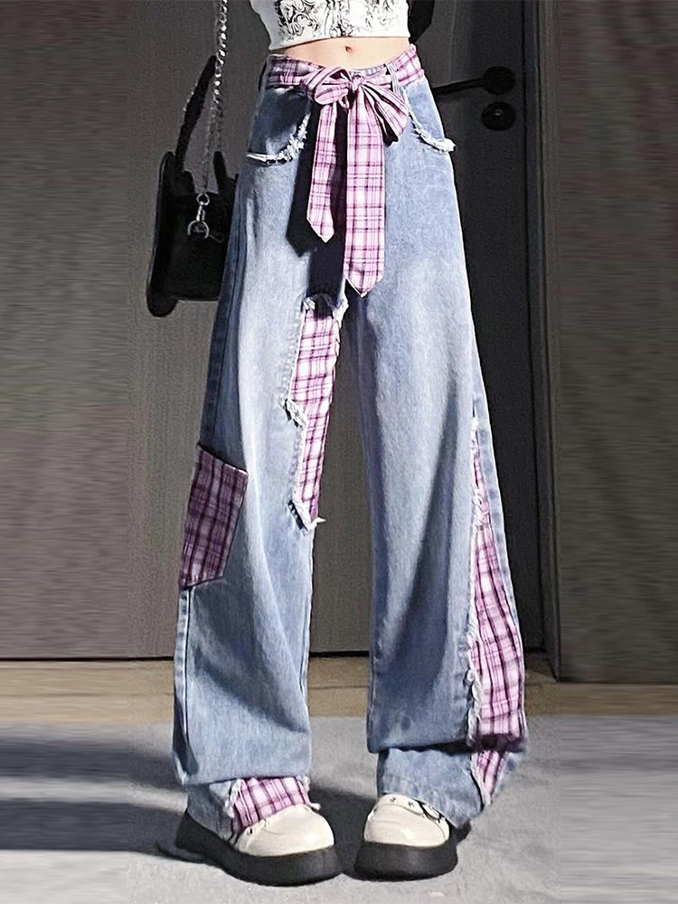 Retro preto arco cinta xadrez retalhos jeans para design feminino outono e inverno, nicho solto calças de perna larga