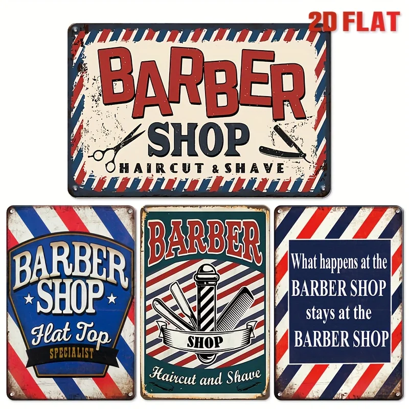 4pcs Vintage Barber Shop Metal Signs 8.0X12.0 Inch,Retro Barber Pole& Barber Shop Decor With 