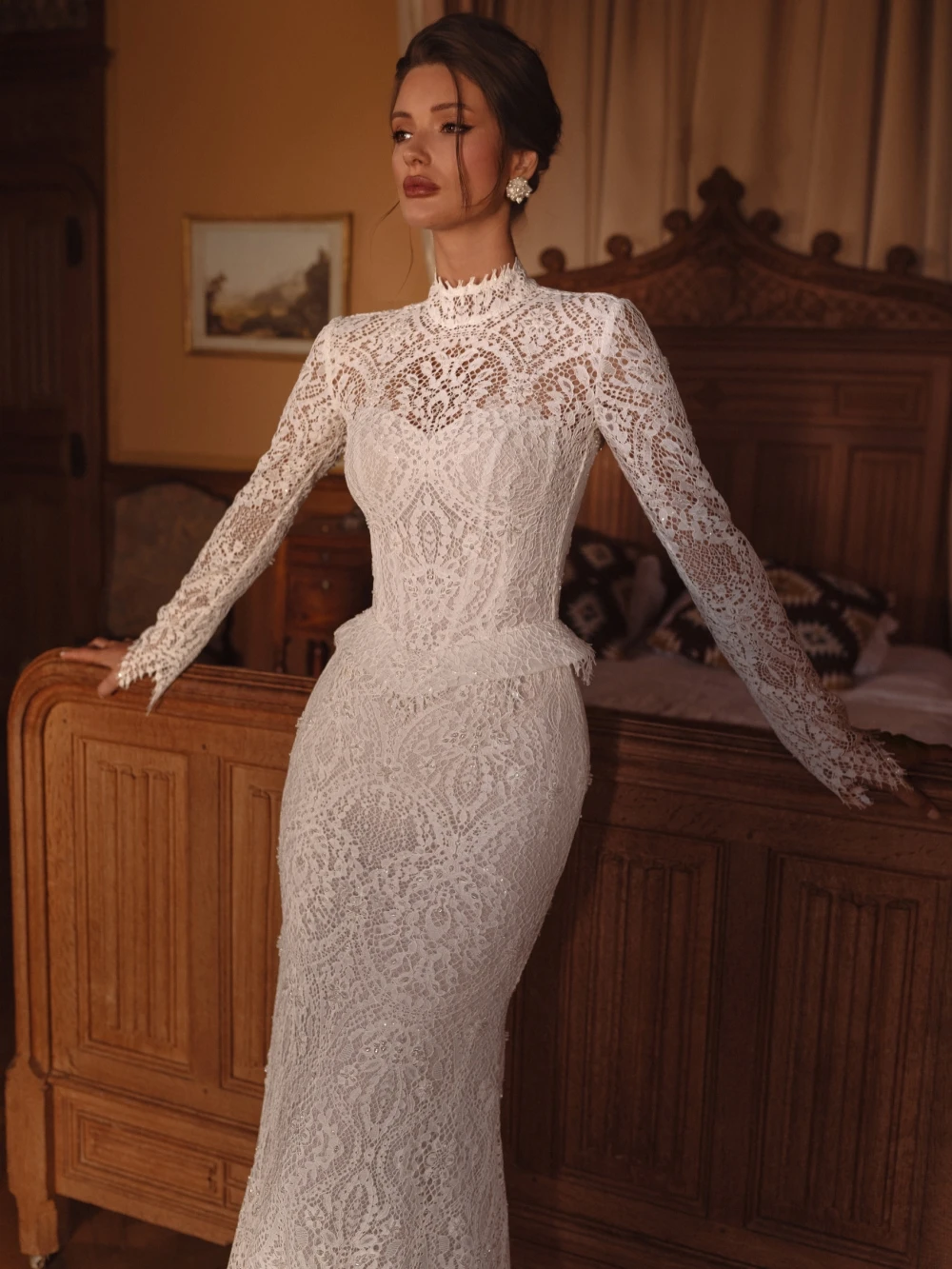 New Arrival Beaded Lace Long Wedding Dress Modest High Collar Bridal Gown Customized Graceful Mermaid Dresses For Bride
