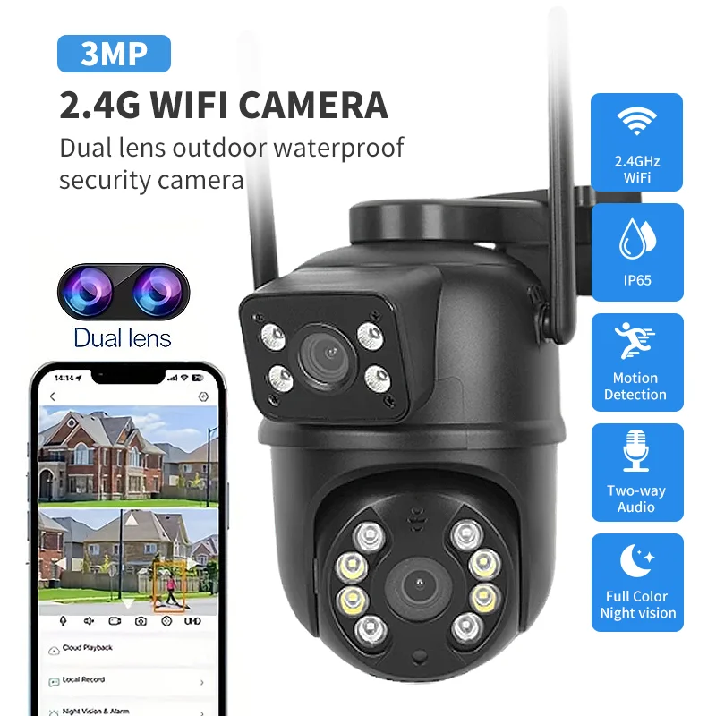 

3-мегапиксельная Wi-Fi камера PTZ, уличный двойной экран, обнаружение человека, двойные линзы, защита безопасности, IP-камера, аудиосигнализация, видеонаблюдение