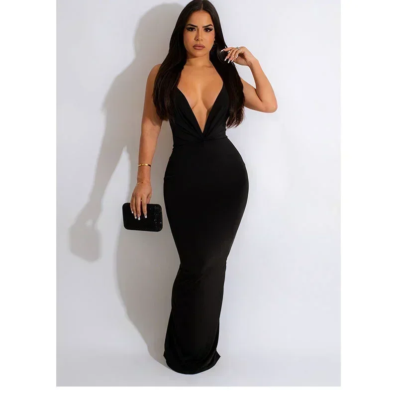 GUWU Tiefem V-ausschnitt Ärmellose Geraffte Backless Bodycon Maxi Lange Party Kleid Sexy Nachtclub Abendkleider Frauen Vestidos