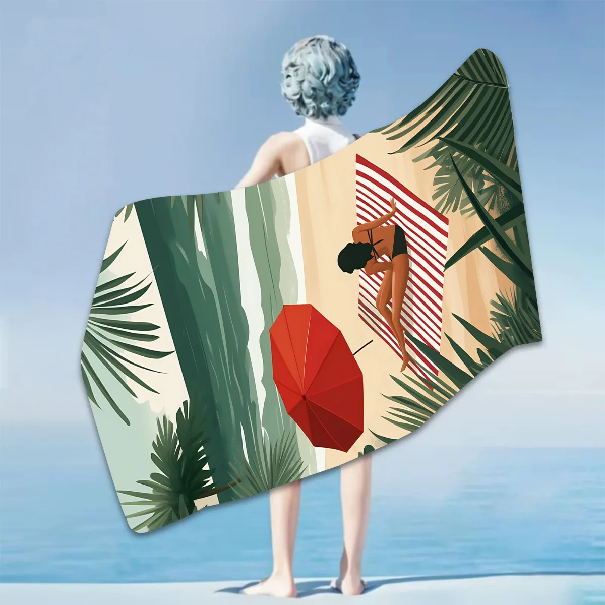 قطعة واحدة من من منشفة الشاطئ المخططة الأنيقة مع مظلة من الشمس - حصيرة بوليستر ناعمة وسريعة الجفاف ومريحة لقضاء عطلة الصيف، مستطيلة حديثة