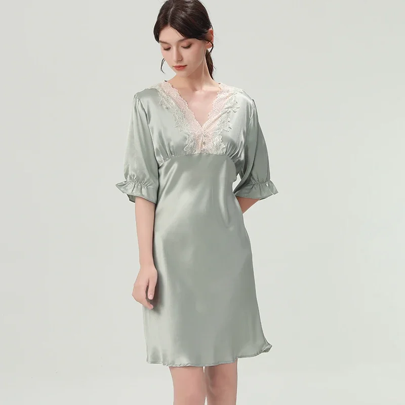 

22 мм 100% шелковая женская ночная рубашка, сорочка, сексуальное кружевное летнее ночное платье с половиной рукавов, мини-пижамное платье с v-образным вырезом, домашняя одежда PJS