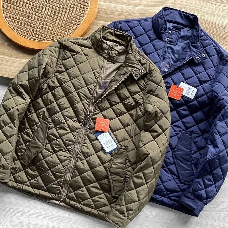 

Autumn Winter Men Lightweight Quilted Diamond Plaid Cotton Jacket Waterproof Warm Casual Coat Male