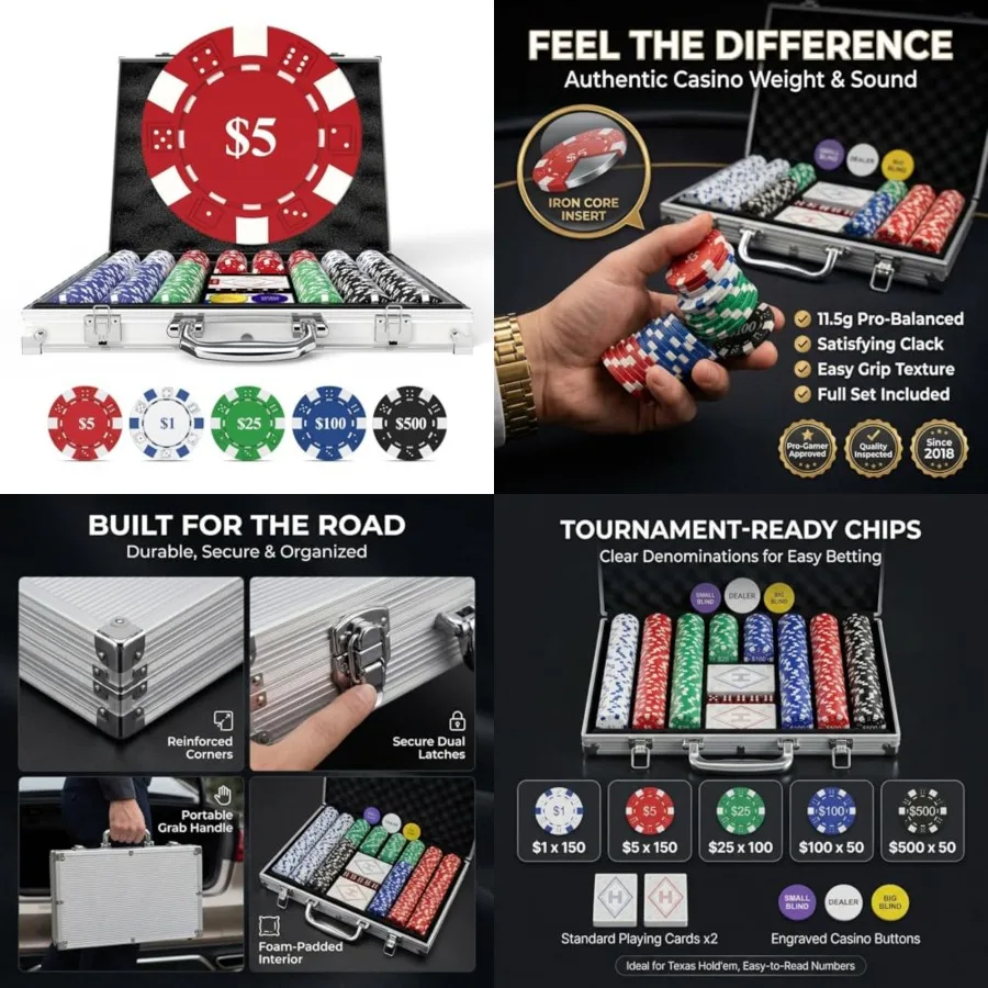 

Numbered Poker Chip Set - 11.5g Heavyweight Casino Grade Poker Chips with Aluminum Case, 2 Decks, Dealer Buttons for Texas Hold