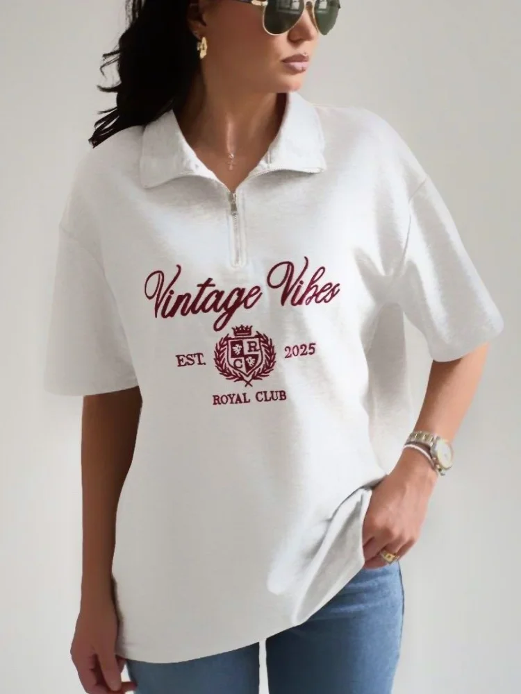 

Vintage Letter Y2K Brand Printed Loose Turn-down Collar Short Sleeve Blouse T-shirts Summer Short Sleeve Top Casual Women White