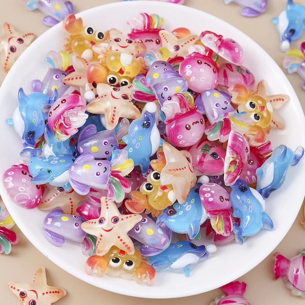 Leslie 15 Stücke Neue Nette Charms Harz Seestern Fisch Krabbe Wal Tintenfisch Flache Rückseite Cabochon Für DIY Telefon Fall Nail art Zubehör – Detail 3