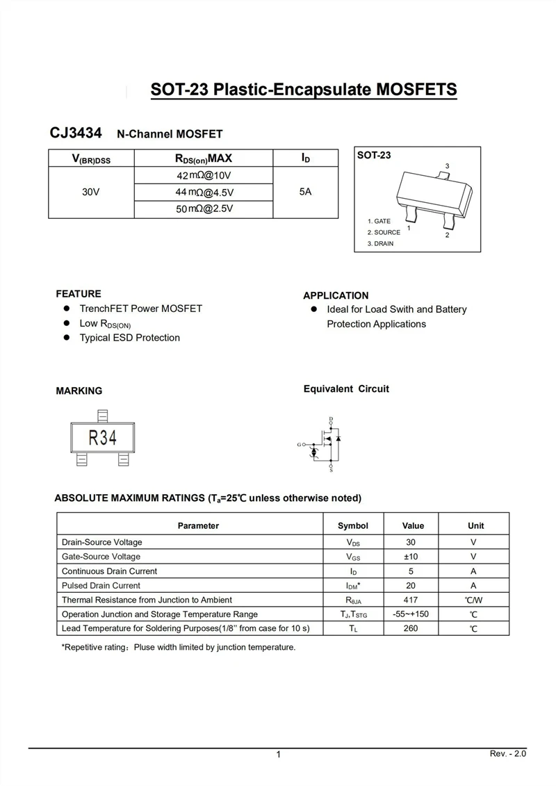 (50ชิ้น) R34 CJ3434 SMD Field Effect MOS หลอด SOT-23 N-Channel 5A 30V 42mΩ 10V