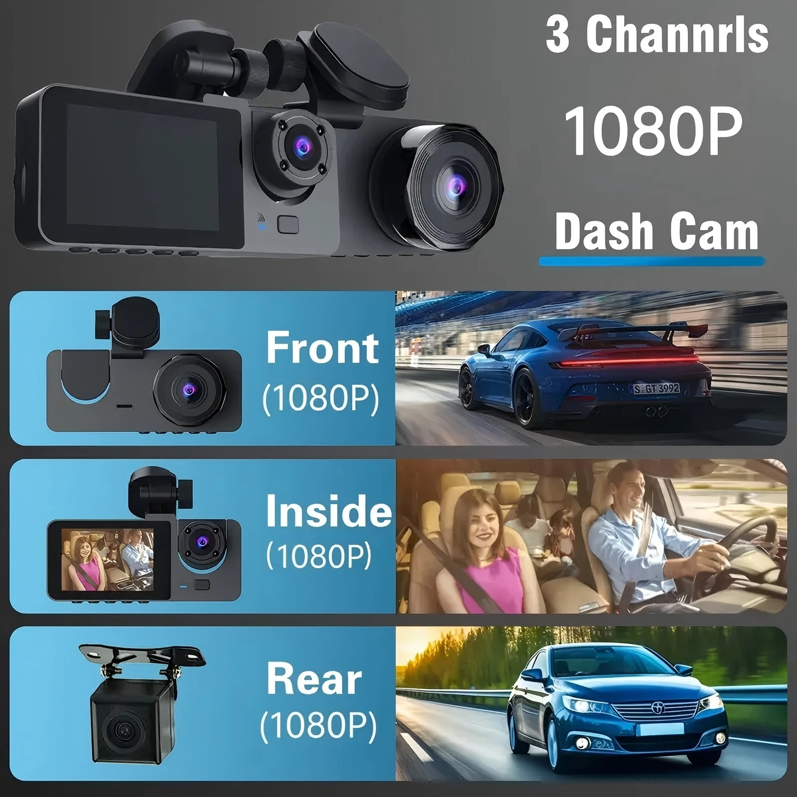 The 3-channel dashcam features high-definition resolution, FHD1080P, ultra-wide-angle reversing vision, real-time recording by t