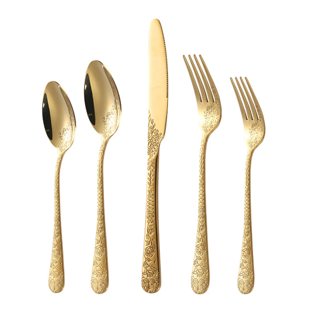 Gold Floral Flatware Set 5 Piece Stainless Steel Cutlery Set with Embossed Handles Tableware Silverware for 6 Modern Kitchen Ute