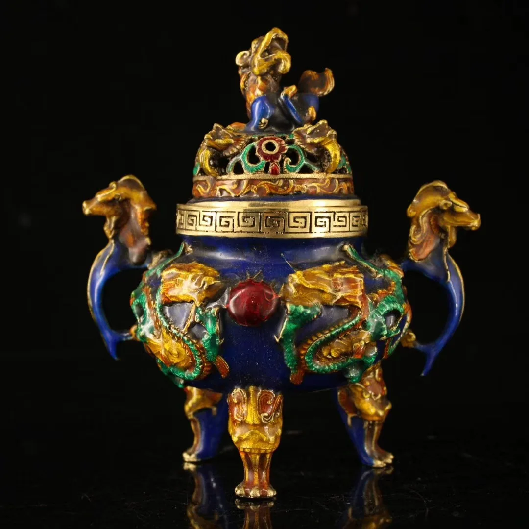 Cloisonné Copper Body Enamel Painted With Two Dragons Playing With Beads Lion Incense Burner Home Crafts Room Decor Decorations