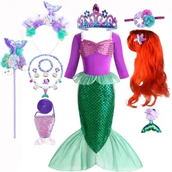 Disney Christmas Holiday Birthday Party Mermaid Princess Same Style Girl Ariel Cosplay Long Sleeve Mermaid Dress Accessory Suit