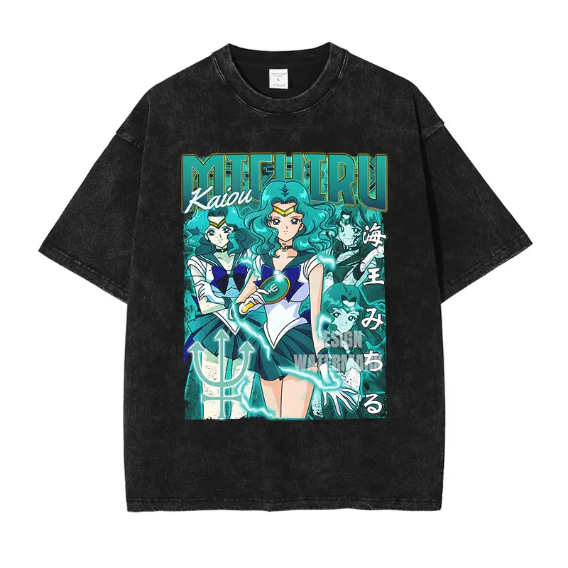 

Sailor Moon Michiru Kaioh Sailor Neptune Acid Wash Oversized Black T-Shirt 2026 Summer Anime Streetwear Graphic Tee