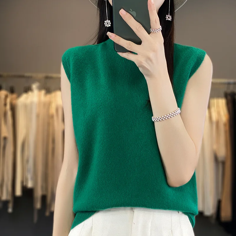 Suéter sin mangas de lana merina pura de 100% para primavera, otoño y verano para mujer, Sudadera con capucha de punto con cuello medio alto, Top de gama alta de Color sólido