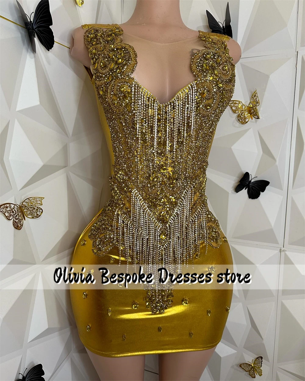 Fancy Gold Luxury Prom Dresses 2024 Beaded Rhinestones Tassels Homecoming Dress Black Girls Mini Cocktail Birthday Customized