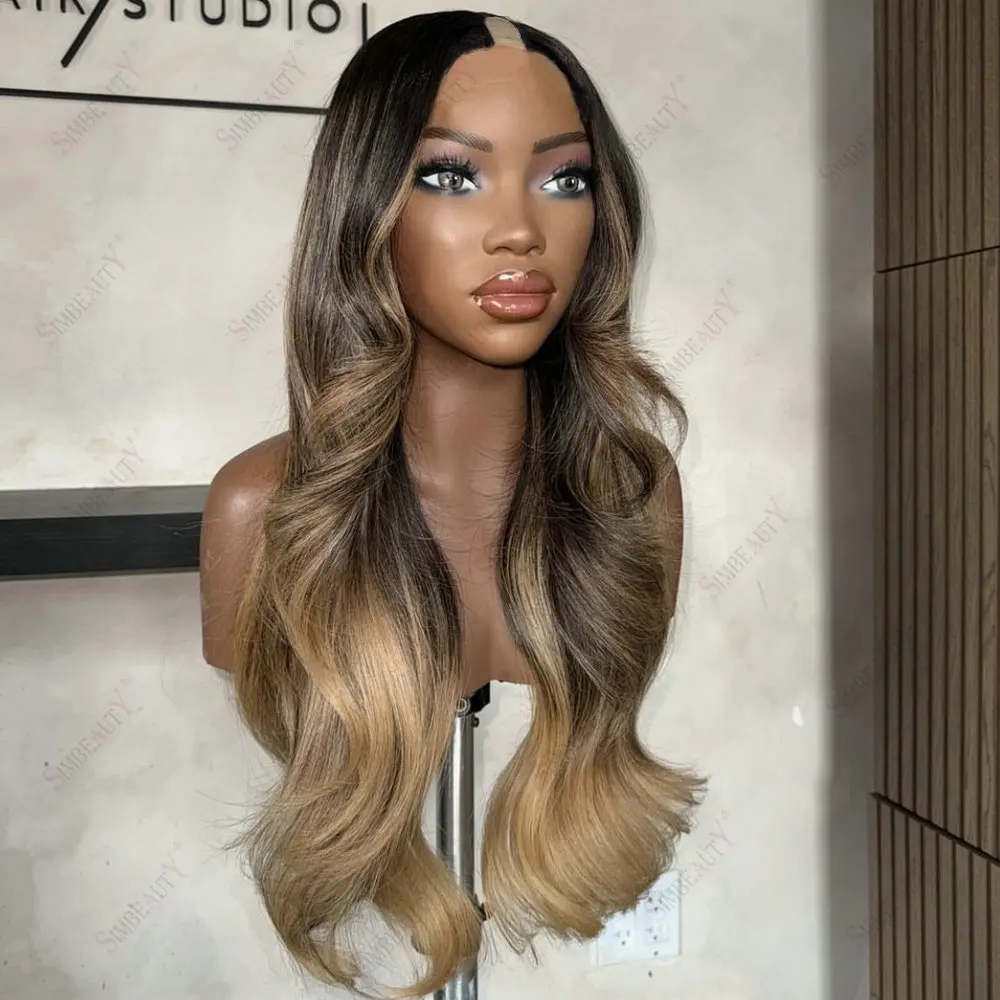 Peruanisches Echthaar 1x4 Größe U-Teil-Perücken für Schwarze Frauen Ombre Hell Honigblond Klebefreie V-Teil-Perücken Natürliches Wellenhaar – Detail 2