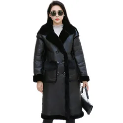 New Genuine Shearling Fur Coat Women Winter Warm Fur Long Jacket Lady Snow Outerwear