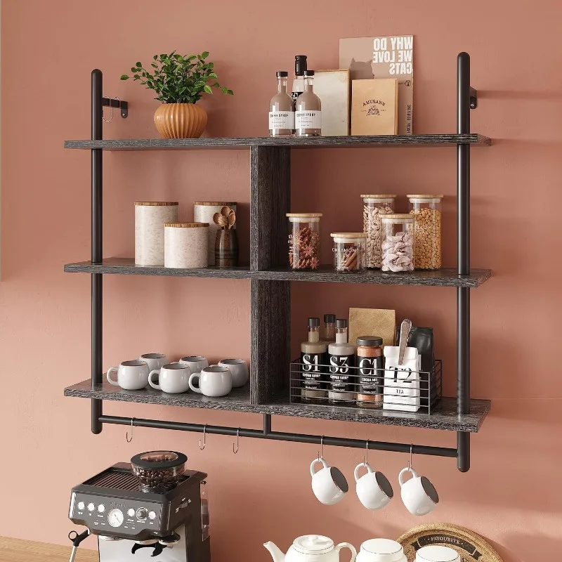 

Bestier Kitchen Shelves Wall Mounted Floating Pipe Shelving 3 Tier 41.5" Coffee Bar Shelf with Holder