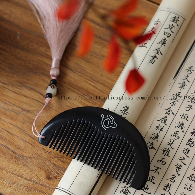 

High-End Handcrafted Natural Ebony Comb Inlaid With Silver Chinese-Style Cultural Creative Rabbit Decorative