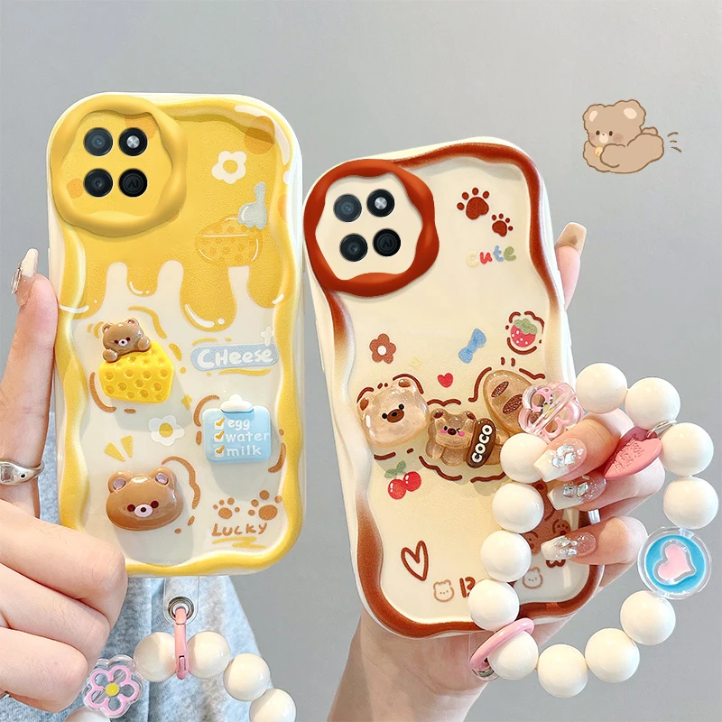 Cute 3D Bear Rabbit Bracelet Chain Case For Xiaomi Mi 13 Lite POCO X3 NFC M3 X5 Pro X4 GT F3 F4 Redmi 12C K40 K40S K50 Pro Cover