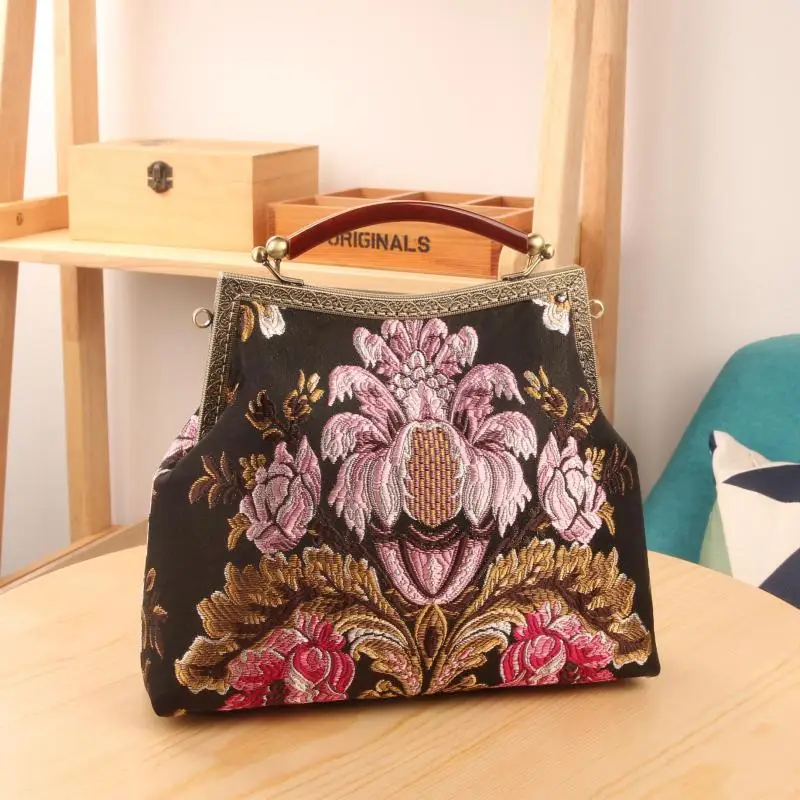 Vintage Fashion Women Lock Flowers Bag Bags Women\'s Handbags Purses Top Handle Evening Purse Crossbody Shoulder Bag Chain Strap