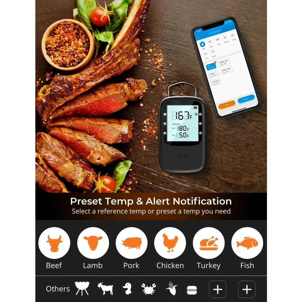 مقياس حرارة اللحم اللاسلكي بلوتوث للمدخن ، الفرن ، الشواية الرقمية ، 6 تحقيقات ، وضع المؤقت