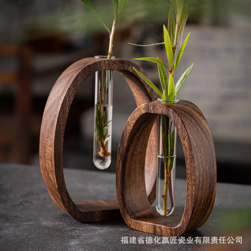 

Walnut wood flower vase hydroponic plant arrangement solid wood glass desktop ornament glass test tube vase