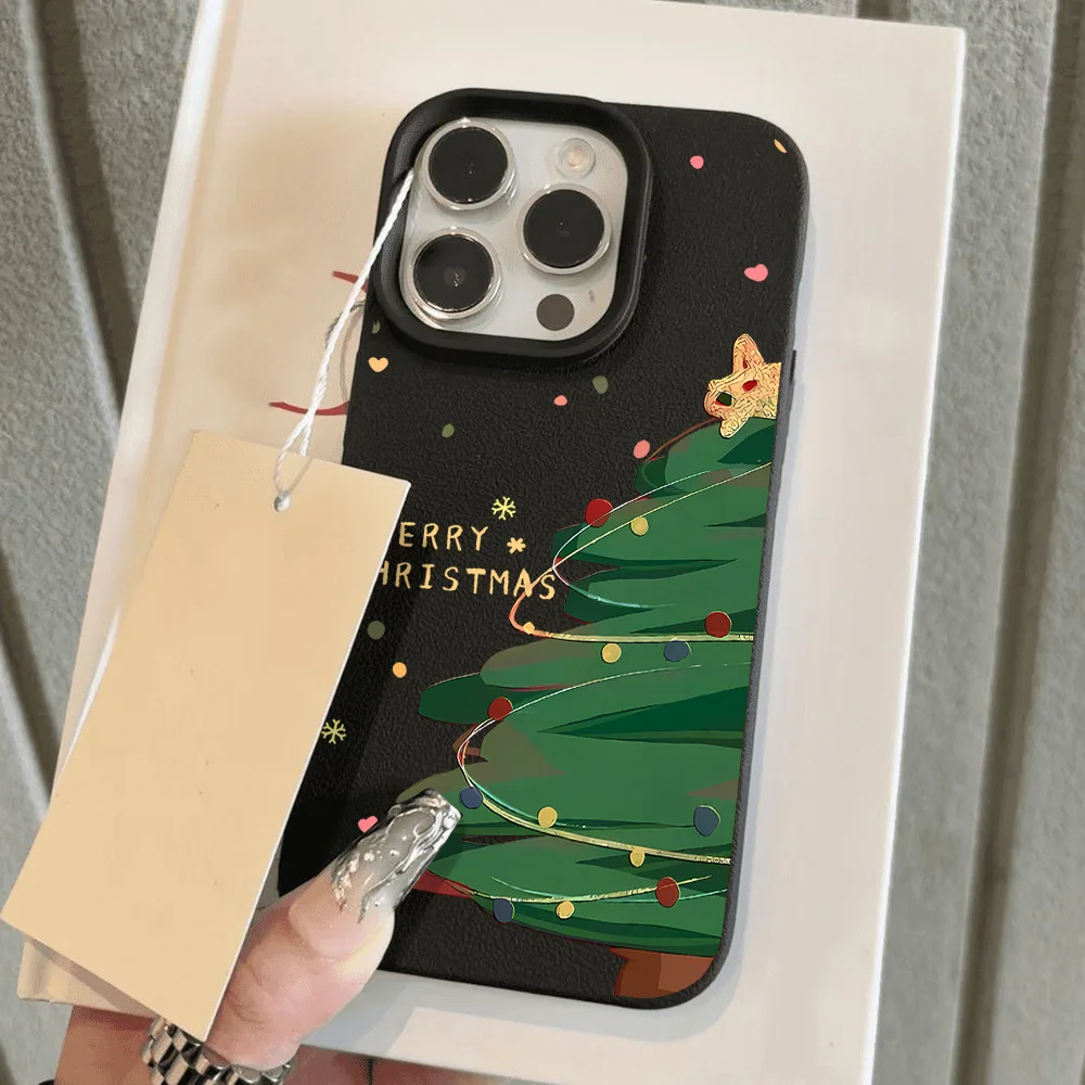 Christmas Tree Leather Painted Phone Case For iPhone 11 Pro Max 16 15 Pro 14 13 12 Cover 15 14 Plus Sockproof Protective Funda