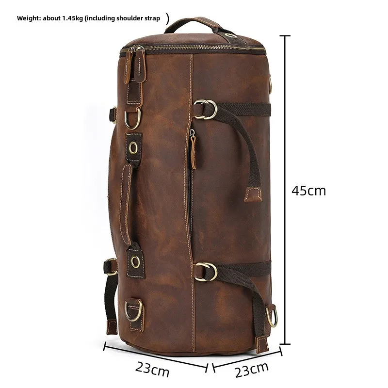 

Genuine Leather Men's Multifunctional Bag Vintage Backpack Crossbody Handbag Tote Cylinder Bag