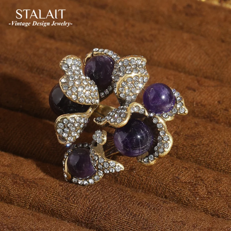 

Vintage Purple Natural Stone Flower Ring Rhinestones Gothic Jewelry Party Accessories Luxury Quality Valentine Day Gift 2025