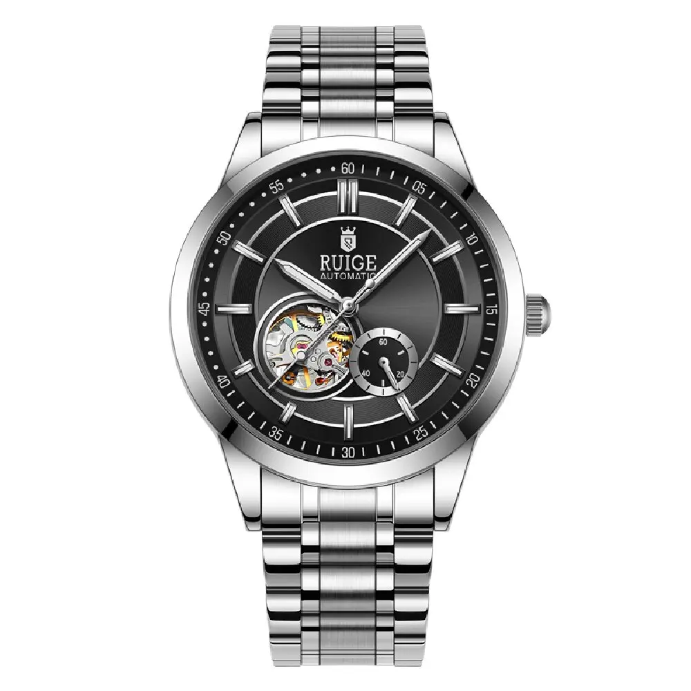ساعة RUIGE ميكانيكية أوتوماتيكية بتصميم مجوف وحزام من الفولاذ المقاوم للصدأ، ساعة يد رجال الأعمال العصرية.