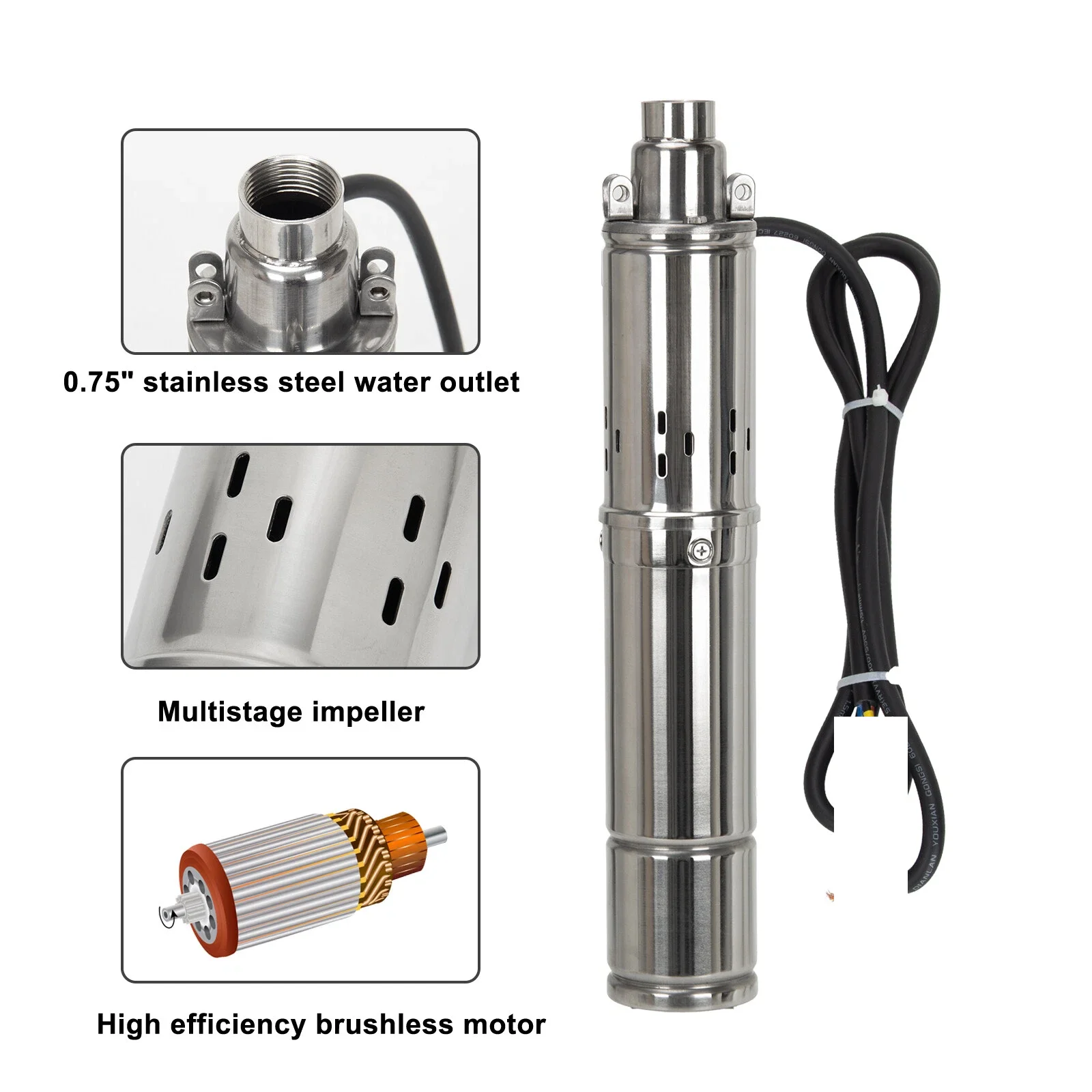 

150W 370W 750W Solar Submersible well pump Max Flow 2m³/Hour Built-In MPPT Function Solar Deep Well Pump for Agriculture