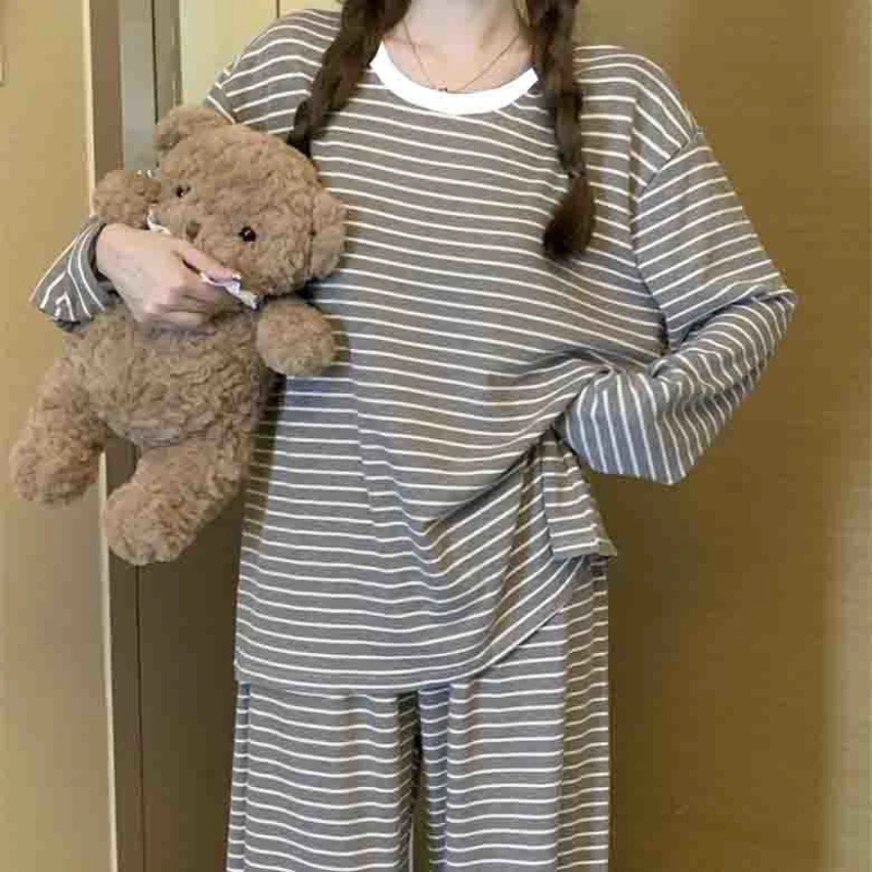 

Весенне-осенняя женская рубашка с длинными рукавами, прямые брюки, свободные и простые пижамы, милая и милая стильная домашняя одежда