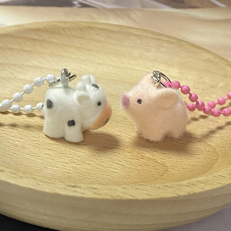 

3D Flocking Piggy Animal Lanyard Keychain Mini Resin Fluffy Keyring Bag Pendant Earphone Case Charms Car Key Holder Couple Gifts