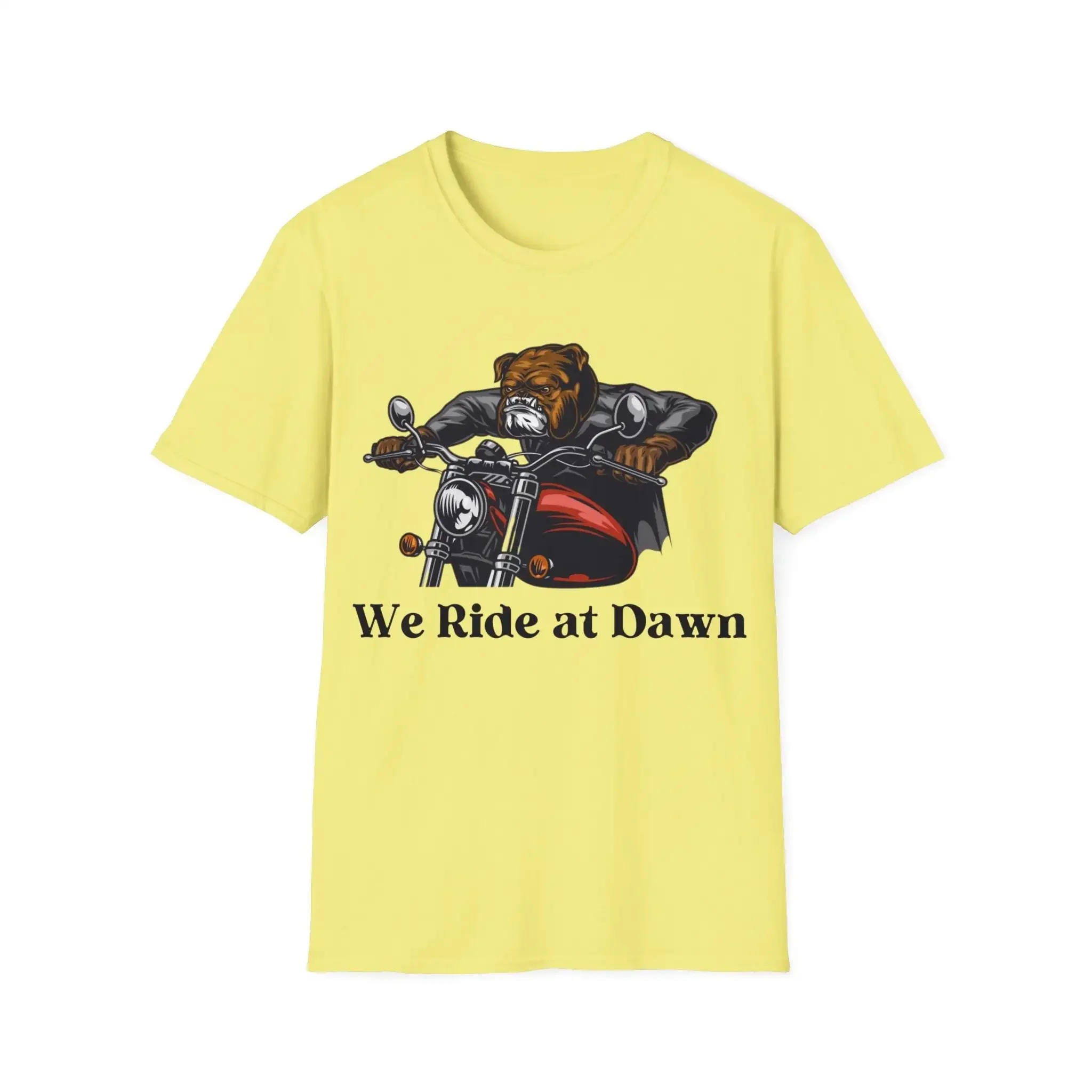 We Ride At Dawn Pitbull On Motorcycle Funny Dog T Shirt Animal Lover Meme Puppy