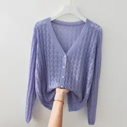 Korean Fashion Simple Summer New Hollow Out Solid Knitted Ice Silk V-neck Cardigan Button Women Loose Versatile Long Sleeve Top