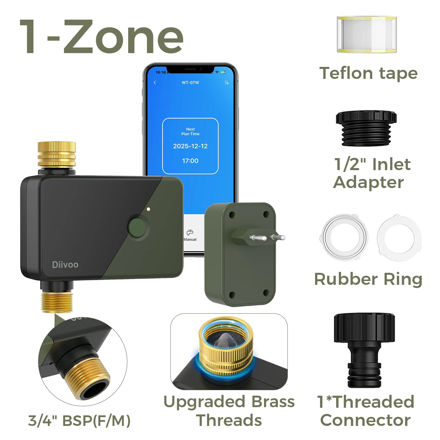 Diivoo WiFi Watertimer 1 Zone Tuinirrigatie Bewateringssysteem Slimme Programmeerbare Automatische Irrigatiecontroller voor Gazon