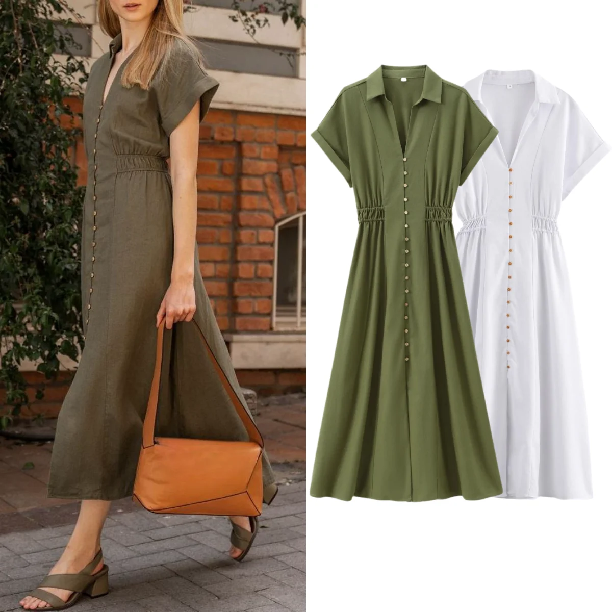 Women\'s Elegant Linen Maxi Dress Solid Color Lapel Maxi Dress Street Style Retro Loose White Beach Holiday Dress 2024Summer