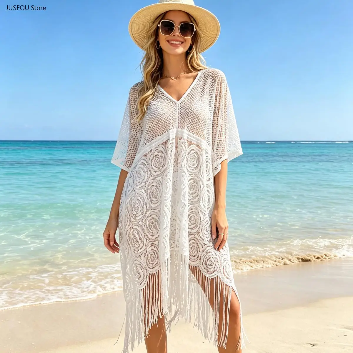 Women European Hollow Out Lace Cape Shawl Lightweight Sun Protection Beach Kimono Cover Up Elegant Black Outerwear