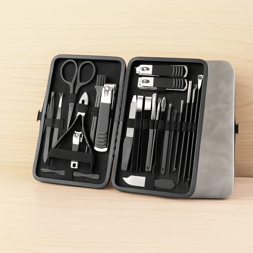 13/24pcs Anti-slip Design Stainless Steel Nail Clipper Set with PU Case Sharp Nail Trimming Set Black Pedicure Tool Kit