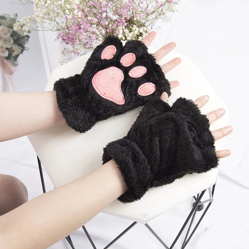 1Pair Winter Gloves Women Bear Plush Cat Paw Claw Cute Kitten Fingerless Mittens Christmas Halloween for Girls Gift Gloves