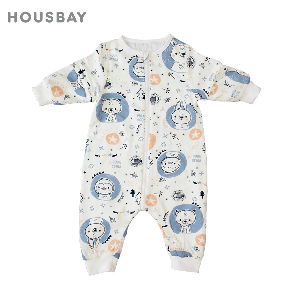 Sleeping Bag For Babies 0-4 Years Cute Penguin Printed Soft Bamboo Cotton 3-Ways Zipper Diaper Changing Sleepsack Remove Sleeves